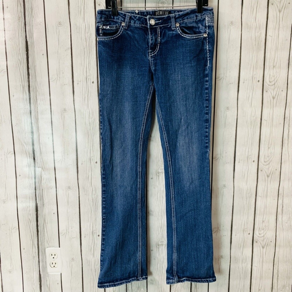 Womens Premier Rue 21 Rhinestone Denim Blue Jeans Slim Boot Cut 7/8R W 30 L 33